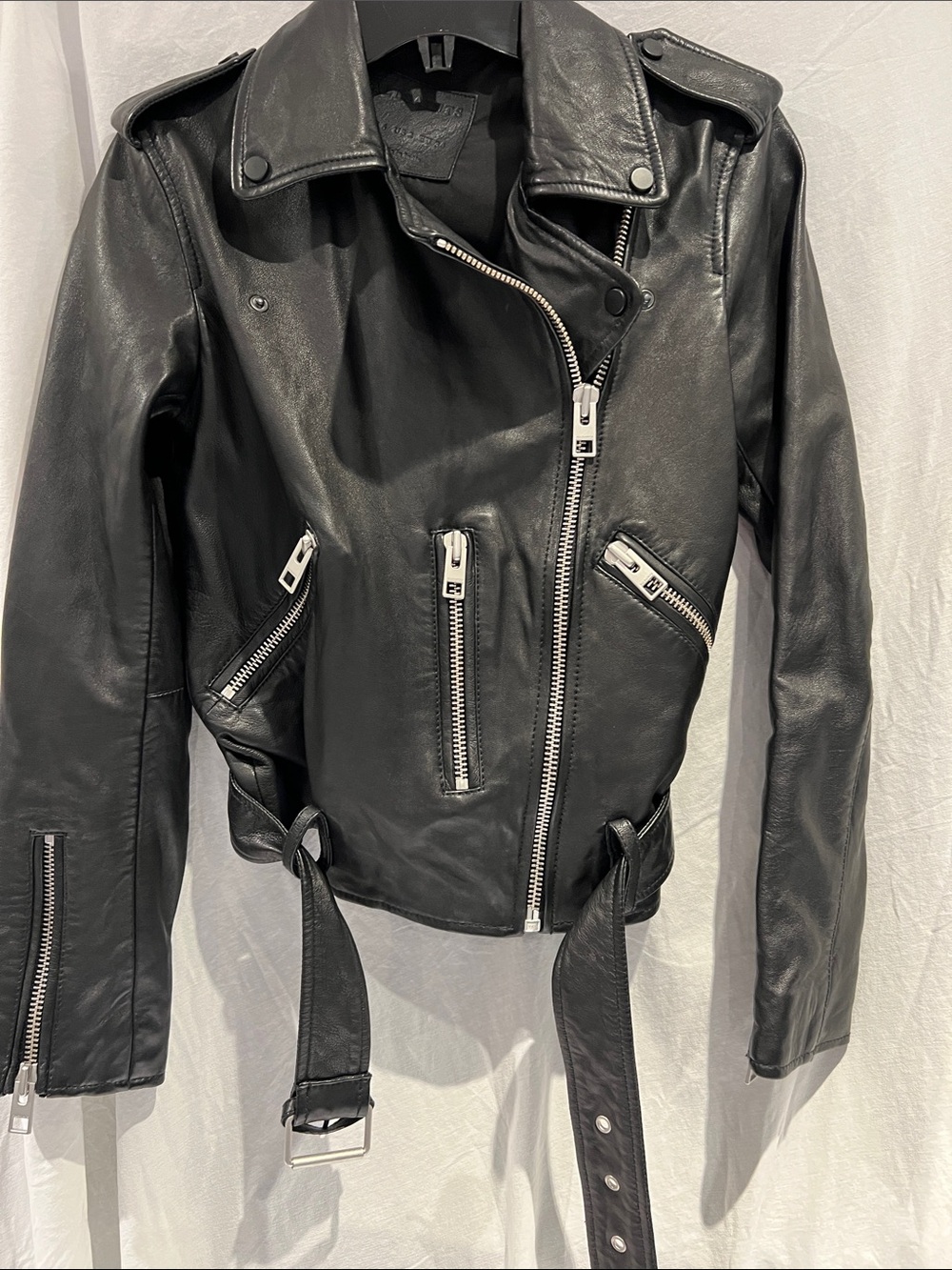 Women’s Black Leather Moto Jacket with Belted Waist
